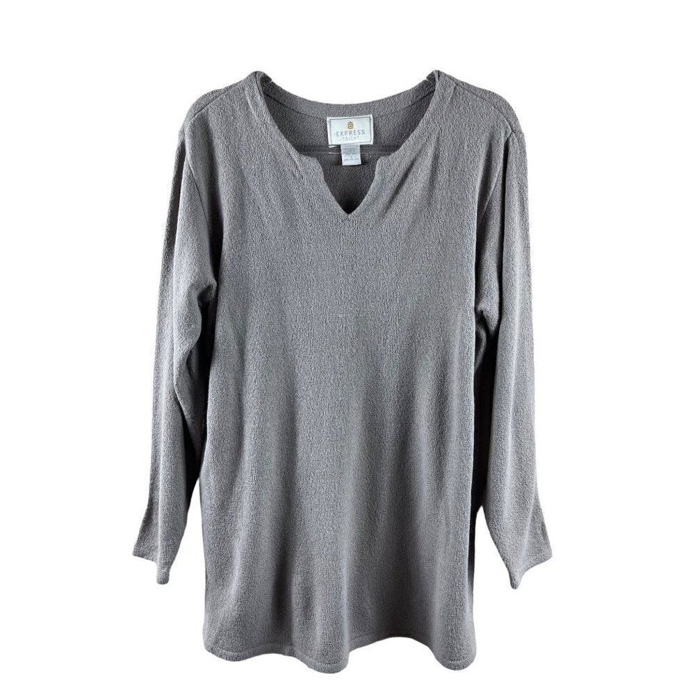 Vintage Express Tricot Knitted Split Neck Pullover Sweater Large Gray Warm Cozy